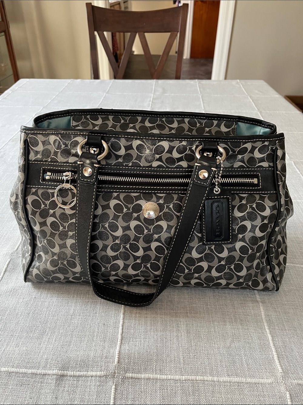 COACH Black and Gray Signature coated Canvas Shoulder Bag